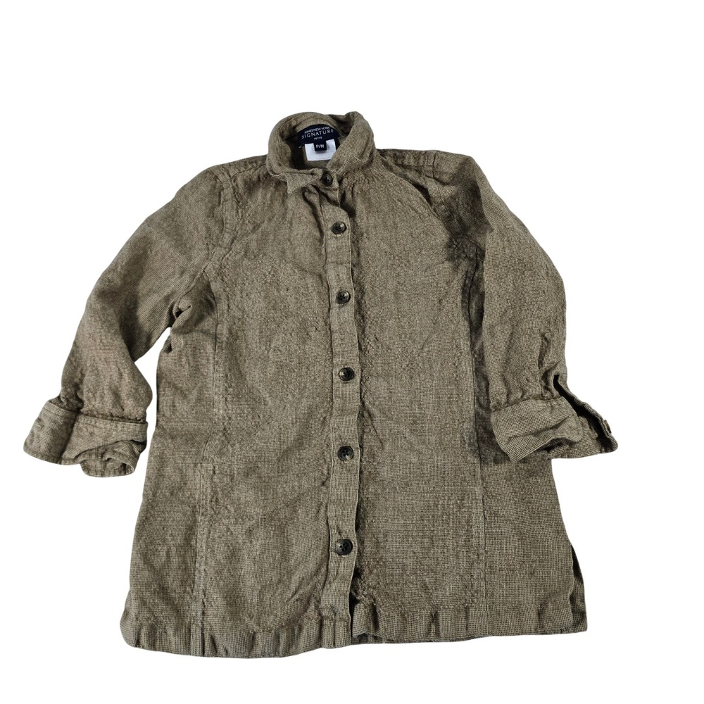 Jones New York Signature Tan Silk Wool Blend Button Up Shirt Petite Medium P/M